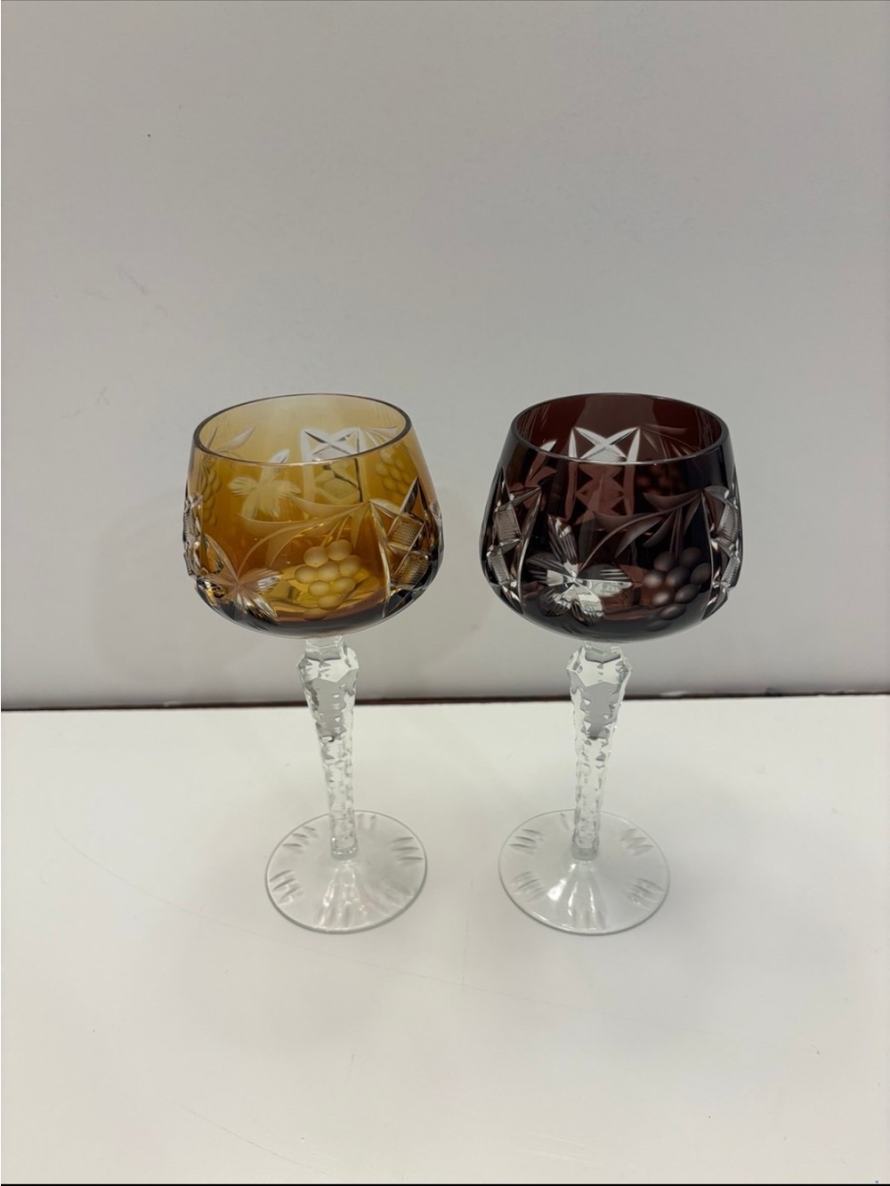 Amber and ruby set of 2 bohemian cut crystal wine glasses